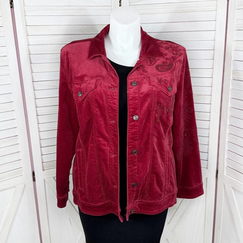 Chicos Boho Jacket Women XL 3 Red Velour Paisley Embroidered Beaded‎ Trucker - Picture 2 of 14